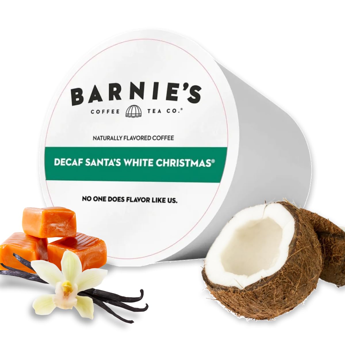Barnie's Coffee Santa's White Christmas Decaf Single Serve Coffee Pods with Coconut, Vanilla, and Caramel Flavors, Medium Roast Arabica Coffee Beans