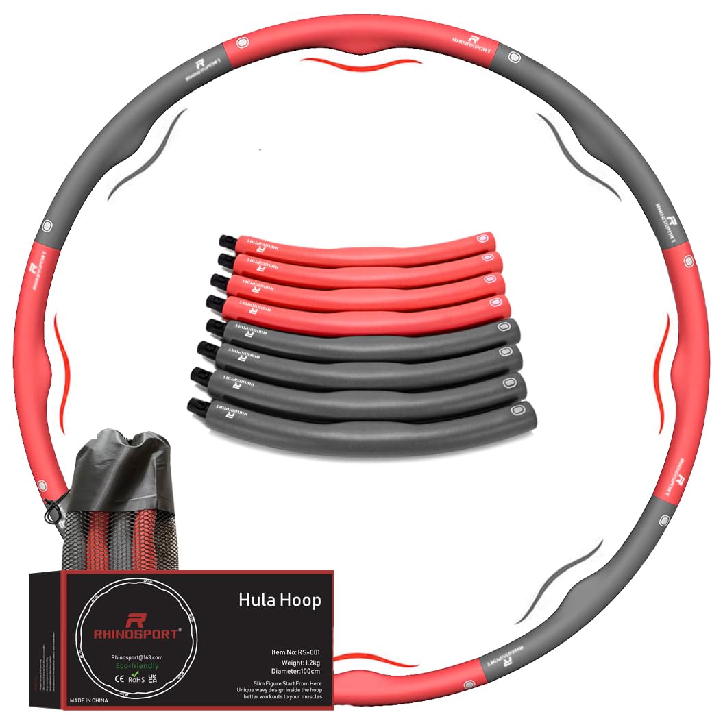 RHINOSPORT Hula Hoop Reifen zum abnehmen Fitness für Erwachsene & Kinder, 8 Teile abnehmbar, Gewicht und Größe können angepasst Werden (1,2 kg) mit Mini Bandmaß
