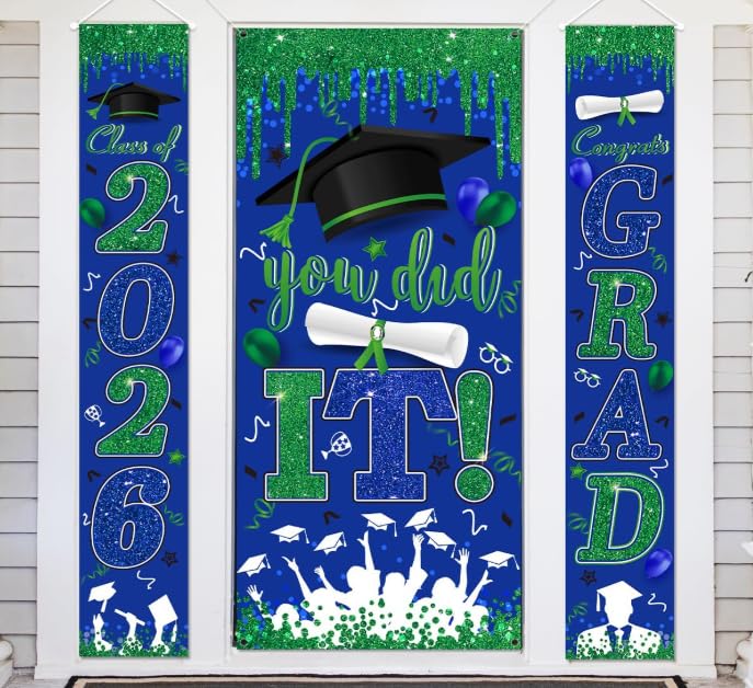 Image of Blue and Green Graduation Decorations Class of 2026 Congrats Grad Banner and You Did It Door Cover for High School College Grad Party Supplies