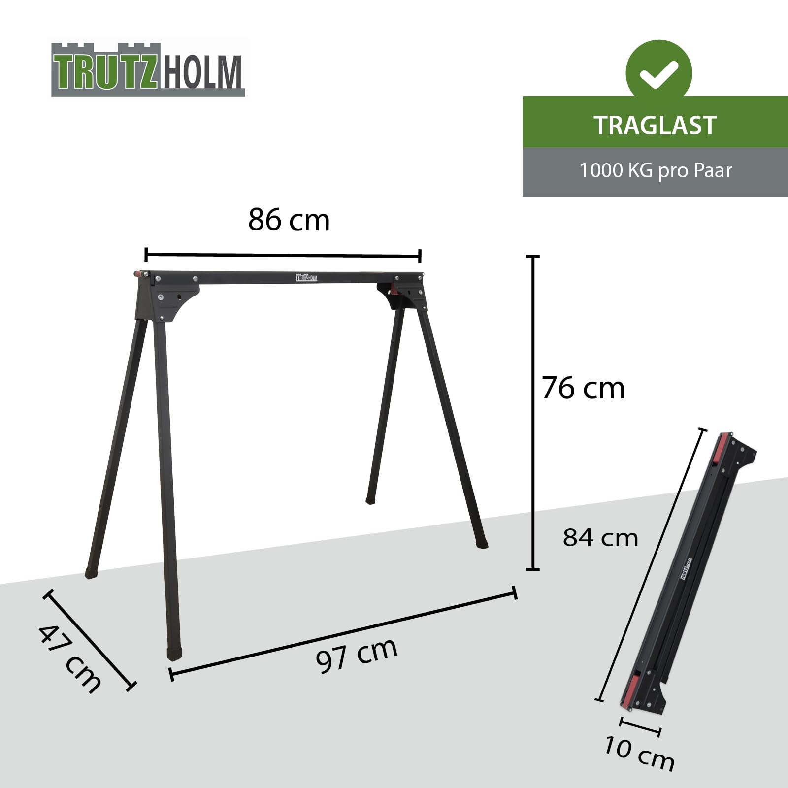 TRUTZHOLM 2 x Arbeitsbock klappbar bis 1000 kg Tragkraft 76 cm Arbeitshöhe Stahl pulverbeschichtet Gerüstbock Unterstellbock (Schwarz/Rot)