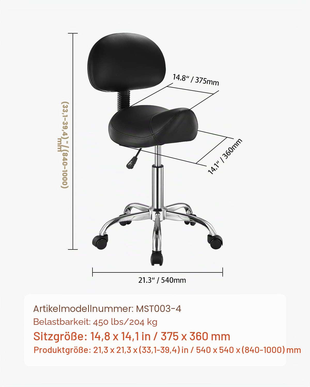 VEVOR Sattelhocker Rollhocker 204 kg belastbarer höhenverstellbarer Drehhocker mit Rückenlehne PU-Leder für Salon Spa Massage