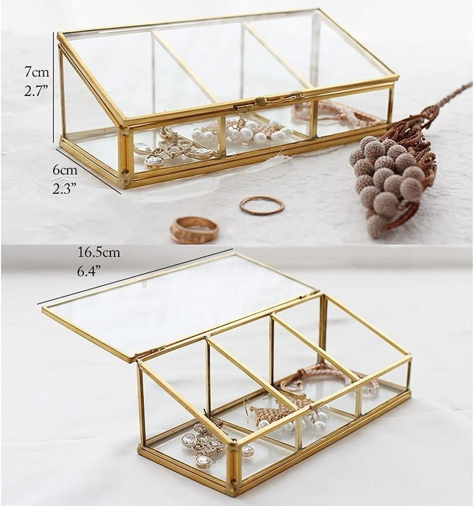 Organizer na Biżuterię Złoty Przezroczysty Szklany I Mosiężny Metalowy Stojak Na Biżuterię Z Pokrywką 3 Przegródki Pierścionki Bransoletka Organizer Etui do Przechowywania