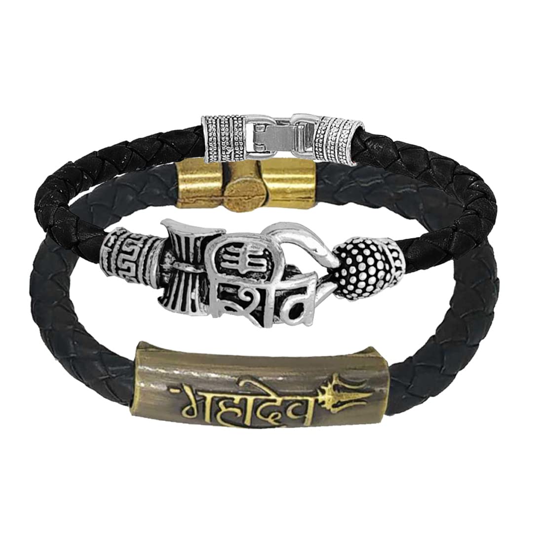Religious Lord Shiv Mahadev Om Trishul Arm Cuff Combo Set Silver and Black Leather Brass Bracelet for Men and Women-image-31