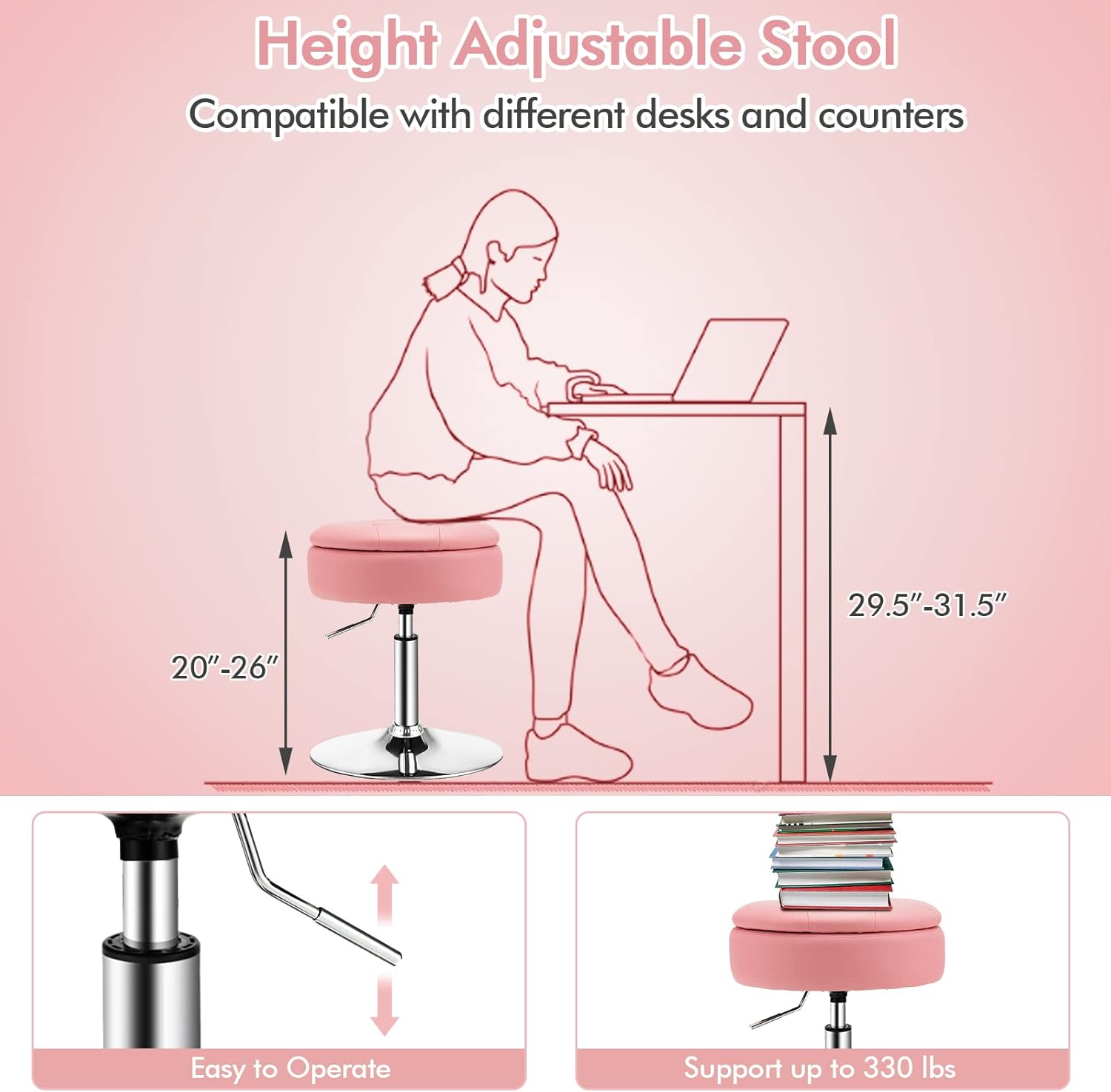 COSTWAY Counter Height Bar Stool, Tufted PU Leather 20"-26" H Adjustable Swivel Vanity Chair with Removable Tray Top and Storage Space, Modern Round Ottoman for Makeup Kitchen Island Shop, Pink