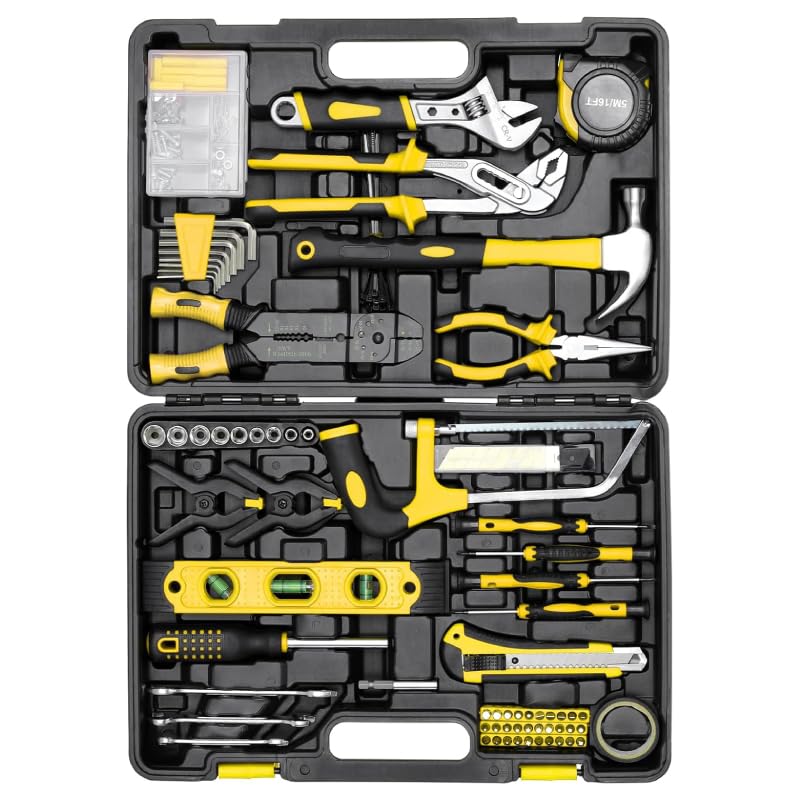 Set di attrezzi da 218 pezzi con martello, cacciavite, pinze e chiave a bussola, 40 cm x 28 cm, colore: nero/giallo