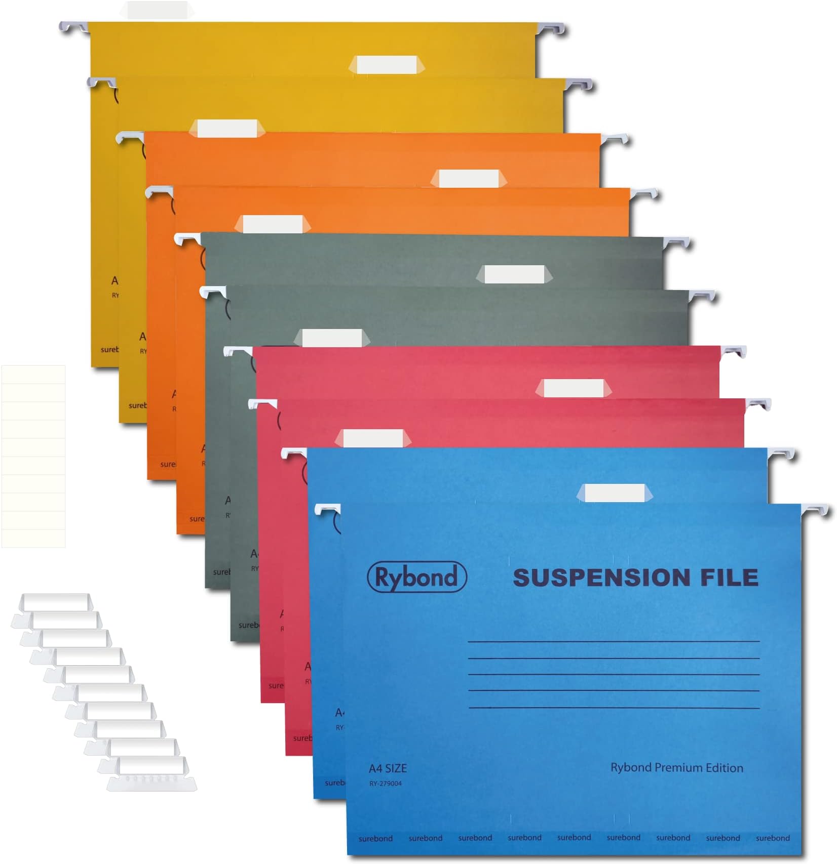 Rybond A4 Suspension File (10 Pack) Assorted Colours - Heavyweight with Tabs and Inserts - for A4 Filing cabinets - Reinforced Top and Bottom