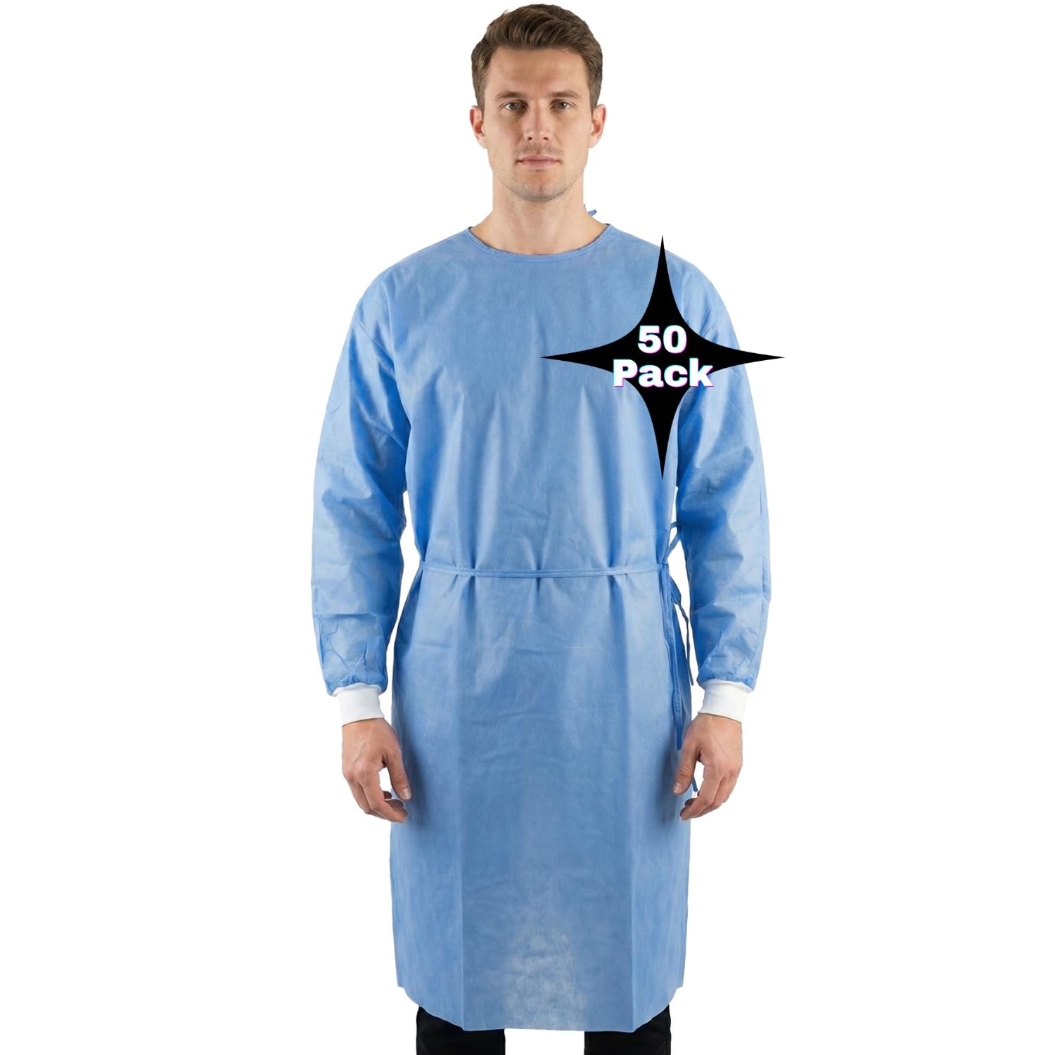 PrimaCare IG-1702CS Disposable Isolation Gowns – Pack of 50, Universal Size with Knit Cuffs, Lightweight Non-Woven Material for Medical, Dental, and