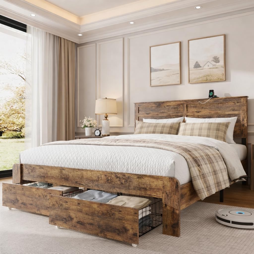 Wooden Bed Frame with Storage Drawers, LED Headboard & Charging Station, Wood Platform Bed Frame with Tall Headboard, No Box Spring Needed, Queen Size, Brown