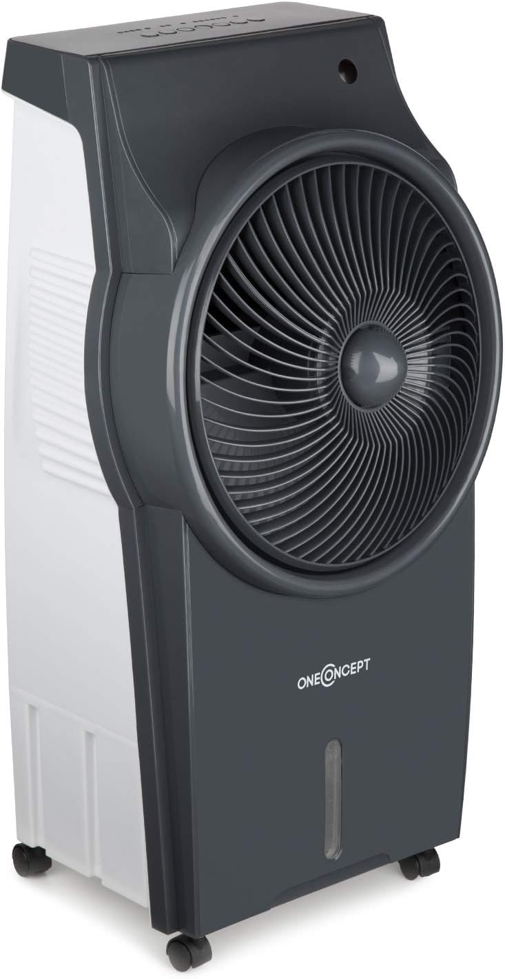oneConcept Kingcool – 4 en 1, Ventilador, Enfriador de Aire, humidificador, Limpiador de Aire, ionizador, depósito de Agua de 8 litros, caudal de 2340 m³/h, 95 W, oscilación, portátil, Gris Plomo