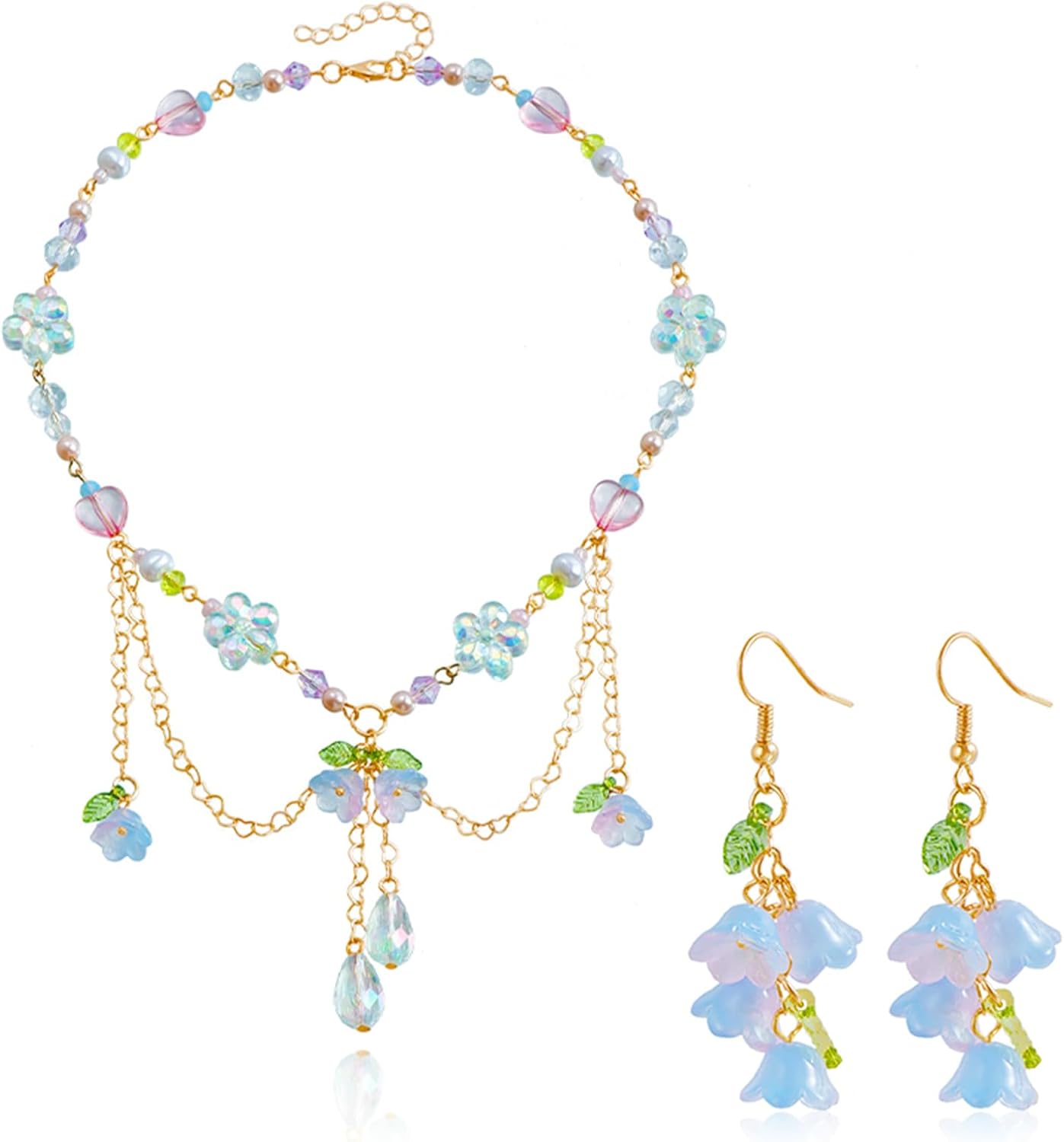 Lily of the Valley Necklace Earring Set for Women Handmade Flower Leaf Layered Necklace Colorful Woodland Elf Earrings Spring Summer Fantasy Jewelry Gift for Mom Friends Bride