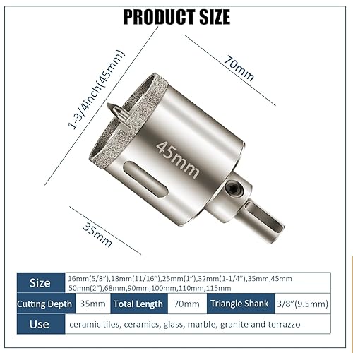 Miniatura 6 de Sierra perforadora de diamante de 1-34 pulgadas con broca guía, sierra de agujero de vidrio con broca piloto para azulejos de porcelana, cerámica,