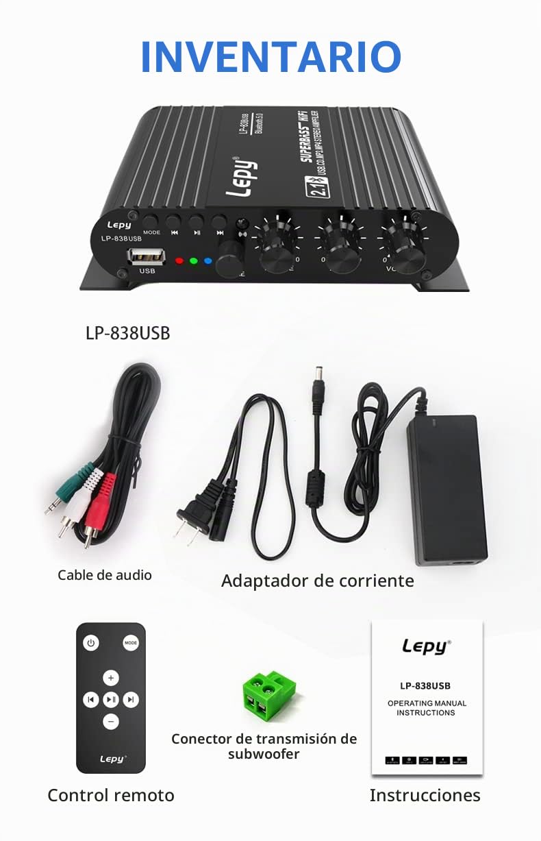 LP-838USB Bluetooth 5.0 Amplificador 2.1 3 canales Soporte Super Bass Reproducción USB con mando a distancia