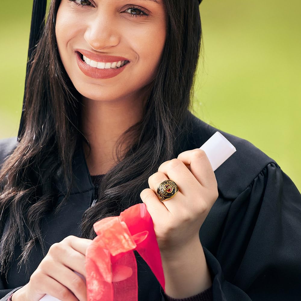 Personalisierter Klassenring mit individuellem Logo-Symbol für Damen und Herren, mit individuellem Text, Geburtsstein und Siegel – Universitäts-Abschlussring, High School, College, Meisterschaftsring