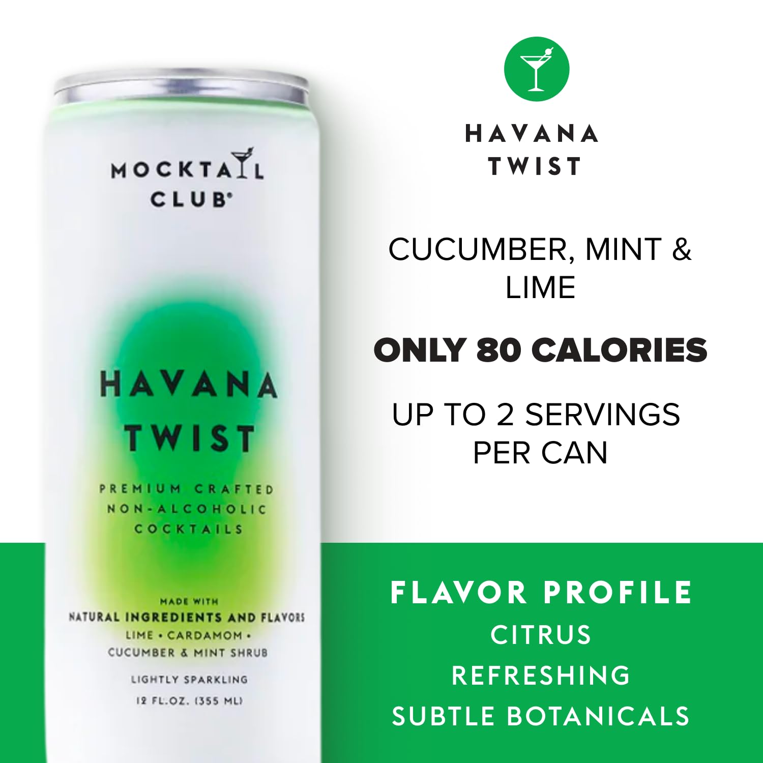 Mocktail Club Havana Twist Sparkling Non-Alcoholic Cocktail 12oz (12pk), 80 Cals, Gluten-Free, No Artificial Ingredients, Zero Proof – with Lime, Cucumber, Mint & Cardamom