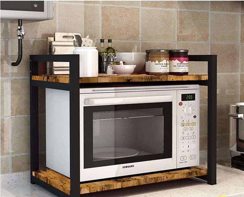 Retractable Microwave Stand Countertop, Extendable Microwave Oven Rack, Mild Steel and Solid Acacia Wood Microwave Shelf Countertop Contains 2-Tier. (White) (Black)