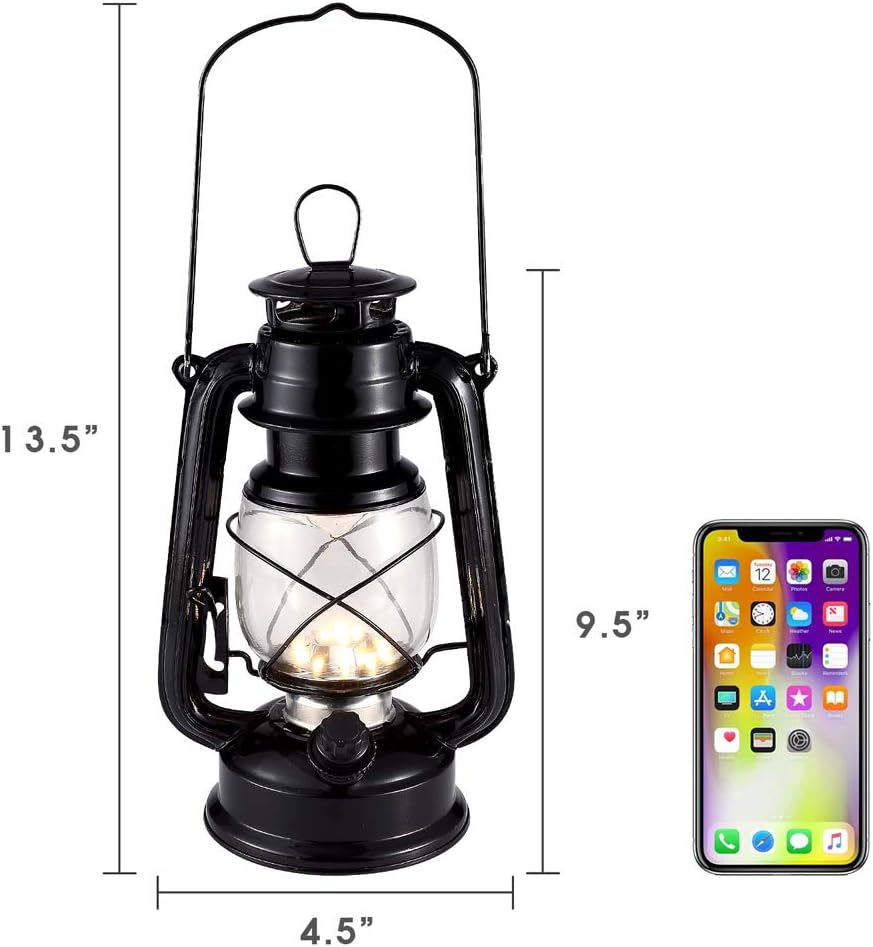 Black Vintage LED Hurricane Lantern, Warm White Battery Operated, Antique Metal Hanging With Dimmer Switch, 15 LEDs, 150 Lumen for Indoor or Outdoor Usage (Black)