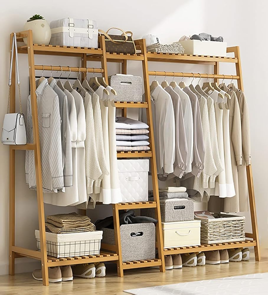 MYUYEE Clothes Rack Bamboo Coat Rack Wardrobe With Shelves Hooks Clothes Rail Shoe Rack For Bedroom Hallway Living Room Multi-Purpose 130/160X40X140Cm
