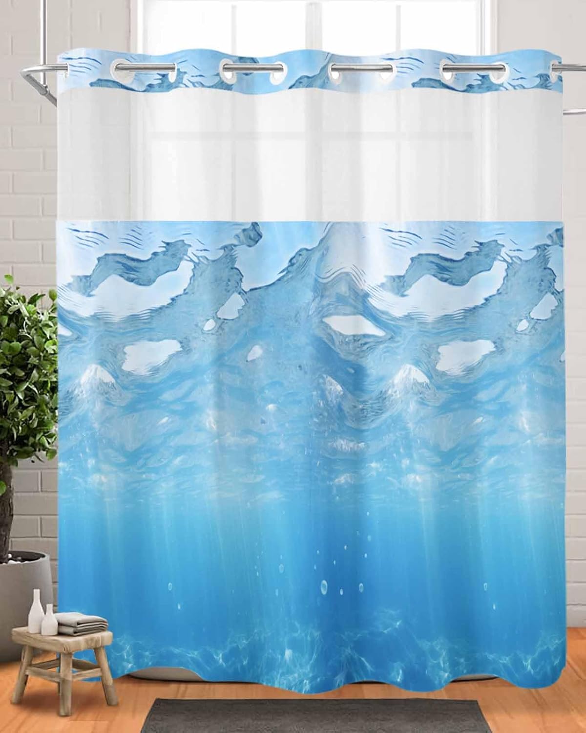 Ocean Water No Hook Shower Curtain with Snap in Liner Summer Sea Water Blue Ocean Waves Shower Curtains for Bathroom, Fabric Waterproof Inner Liner with Mesh Top Window, 72x78