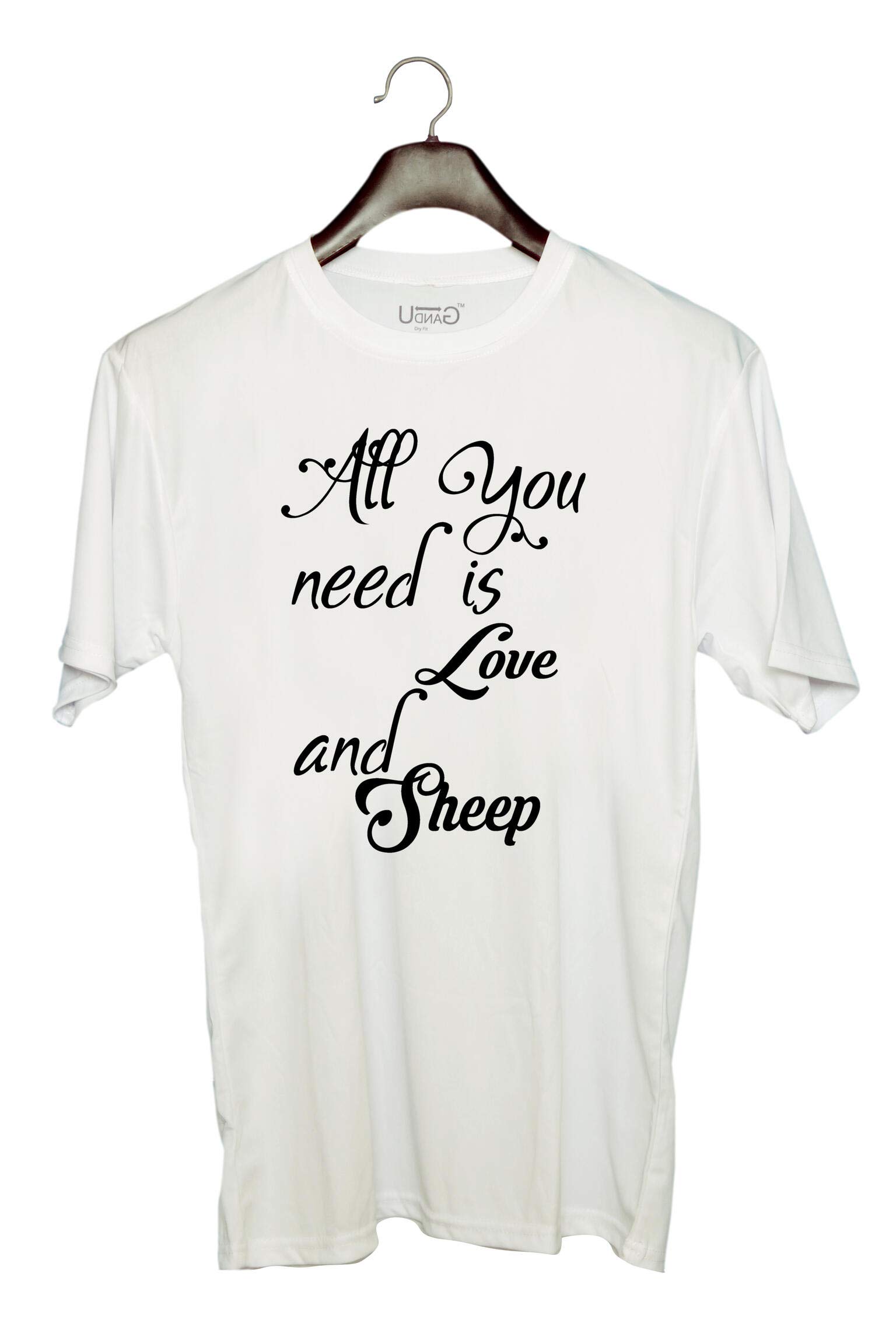 UDNAGUnisex Round Neck Graphic 'Love Sheep | All You Need is Love and Sheep' Polyester T-Shirt White [Size 2YrsOld/22in to 7XL/56in]