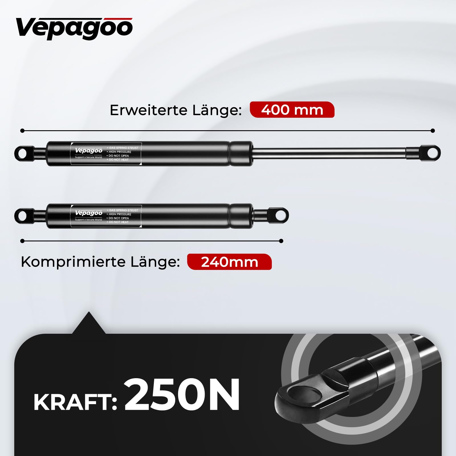 Vepagoo Lot de 2 vérins à gaz, 400 mm, 250 N/25 kg, pour camping-car, lit, housses de bateau, portes, trappes de sol, fenêtres d'abri de jardin, etc., têtes à œillets M6 (diamètre 8 mm)