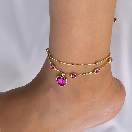Miniatura 2 de Ankle Bracelets for Women - 14K Gold Anklets for Women Waterproof - Heart Shape Handmade Dainty Layered Rhinestone Anklet - Not Tarnish,Beaded