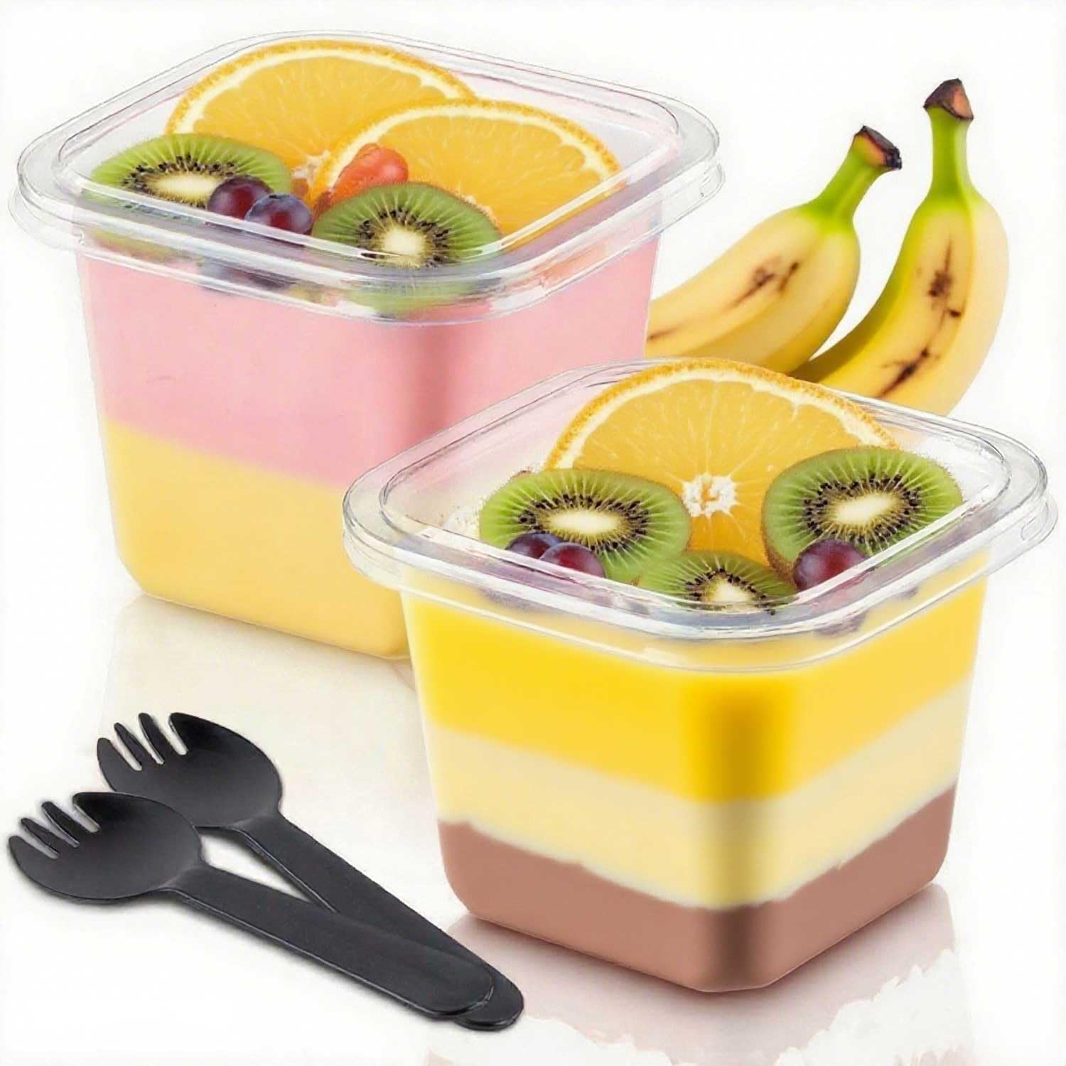 Pack 50 Vasos Cuadrados Postre 360ml Con Tapas Y Cubiertos – Tiramisú, Mousse O Pudín – Reutilizables (PET Transparente)