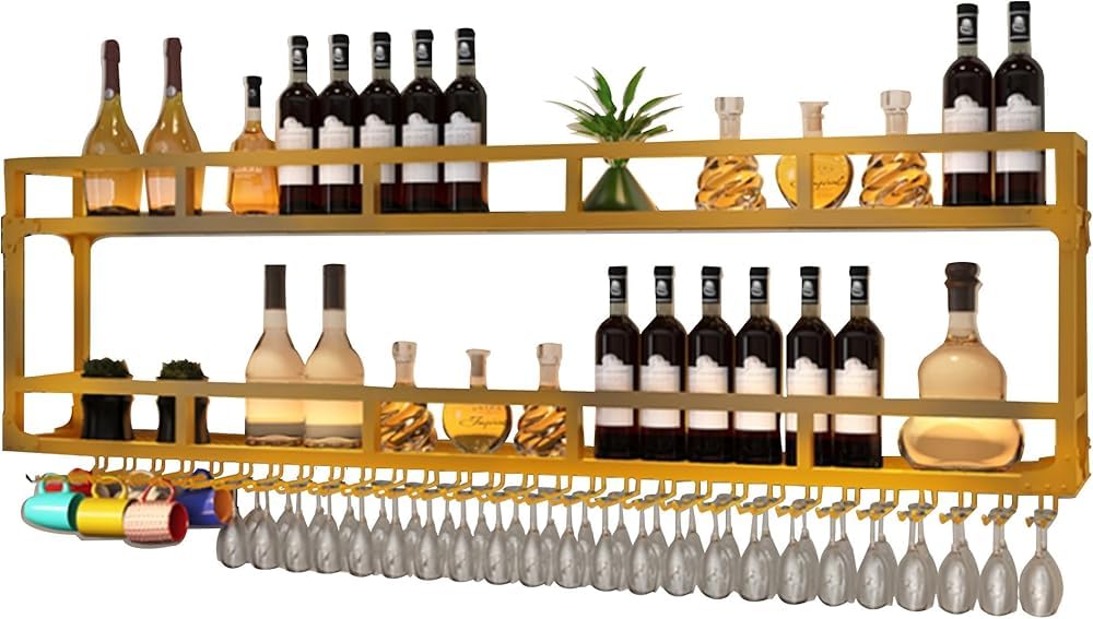 Casier à vin mural avec porte-verres doré à 2 niveaux 120cm pour bar