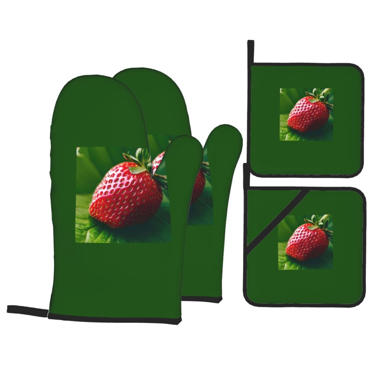 Strawberry Print 4-Piece Oven Microwaving Set Kitchen Gloves for Holiday Cooking Baking Grilling