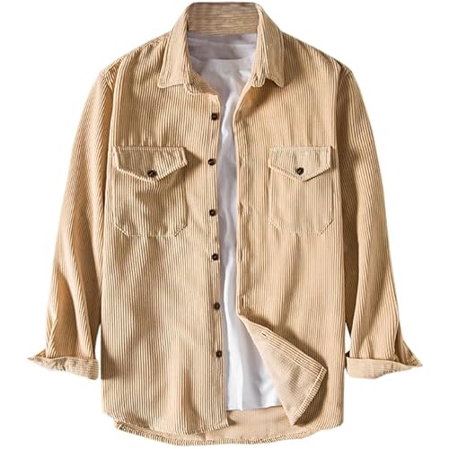 Qzh.duao chemise rétro boutonnée en velours côtelé à manches longues pour homme