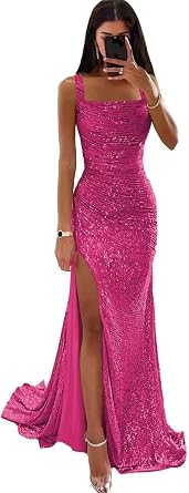 Square Neck Prom Dress for Women 2026 Long Sequin Spaghetti Straps Sparkly Formal Prom Dresses with Slit YY034