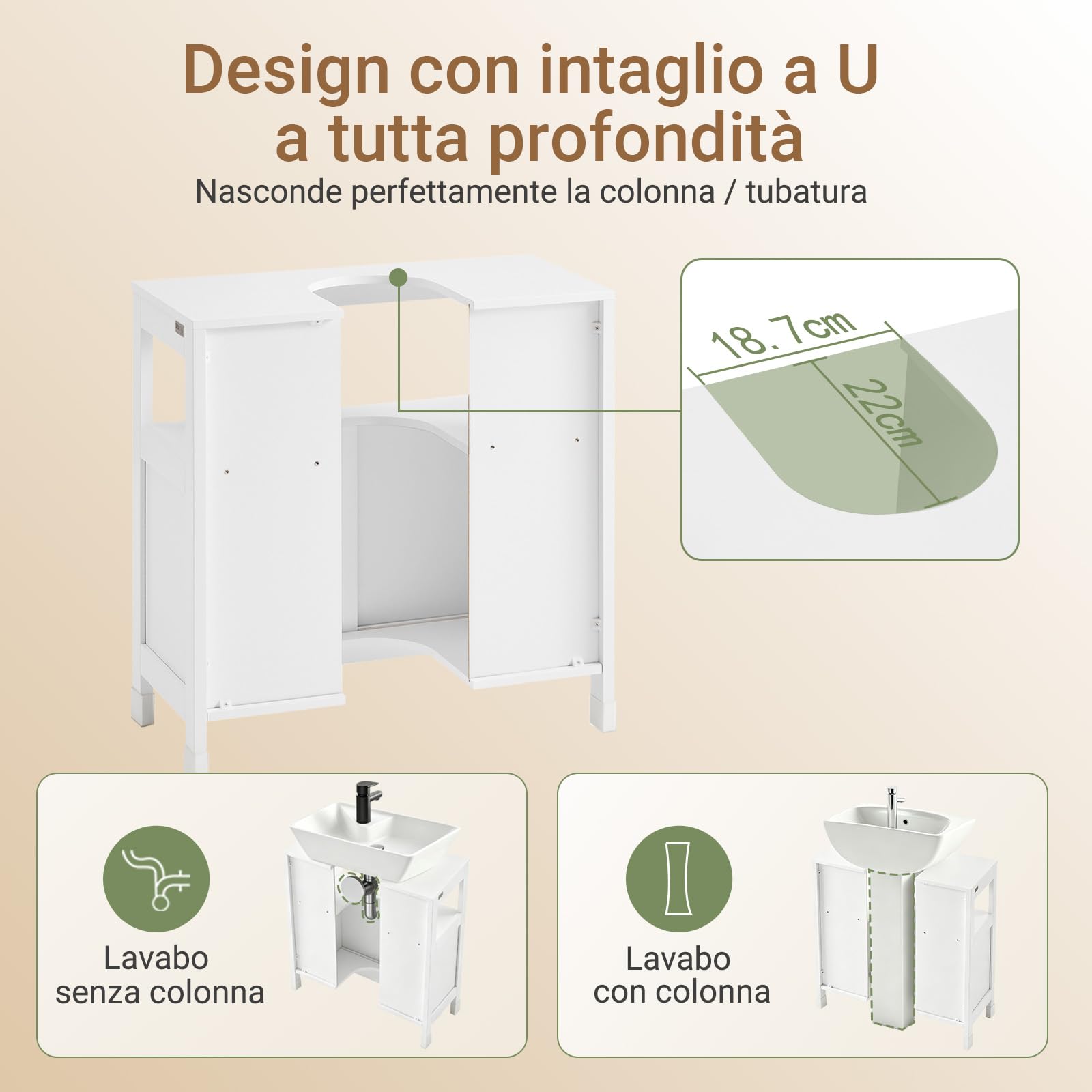 SoBuy Mobiletto Bagno Salvaspazio - Armadio Salvaspazio 2 Ante Scorrevoli e Ripiano Aperto - Mobile Sottolavabo per Bagno Moderno Piccolo – Bianco, 60x30x60cm, FRG128-II-W