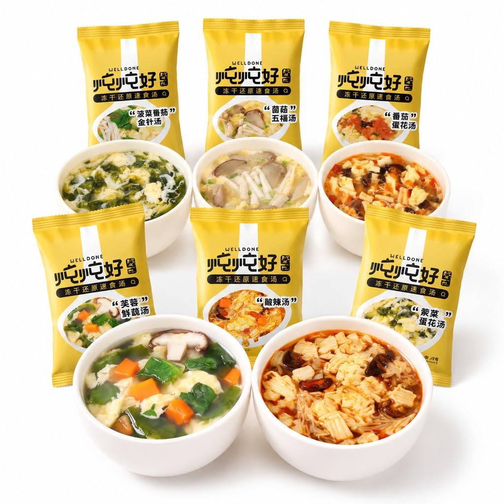 Instant-Suppen-Sortenpaket Mit 6 Geschmacksrichtungen (60 Packungen) – Gefriergetrocknete Algen-Ei-Tropfen- Und Gemüsepilzsuppe, 8 G Einzelportion, In 30 Sekunden Fertig