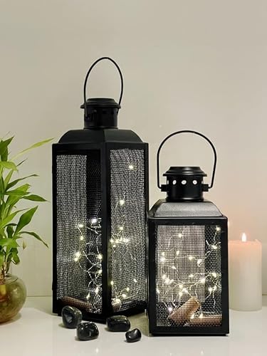 Urban Born Set of 2 Iron Lantern and Candle Tealight Holder for Home Decor Items | Candles for Home Decoration | Candle Holders for Home Decor | (Pack of 2) (Black) (Black)
