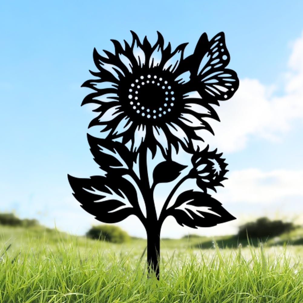 DOODLREAM Sunflower Butterfly Metal Garden Stakes, Black Silhouette Decor for Outside, Double-Side Metal Art Ornament for Yard, Lawn, Patio, Pathway, Outdoor Garden Decor