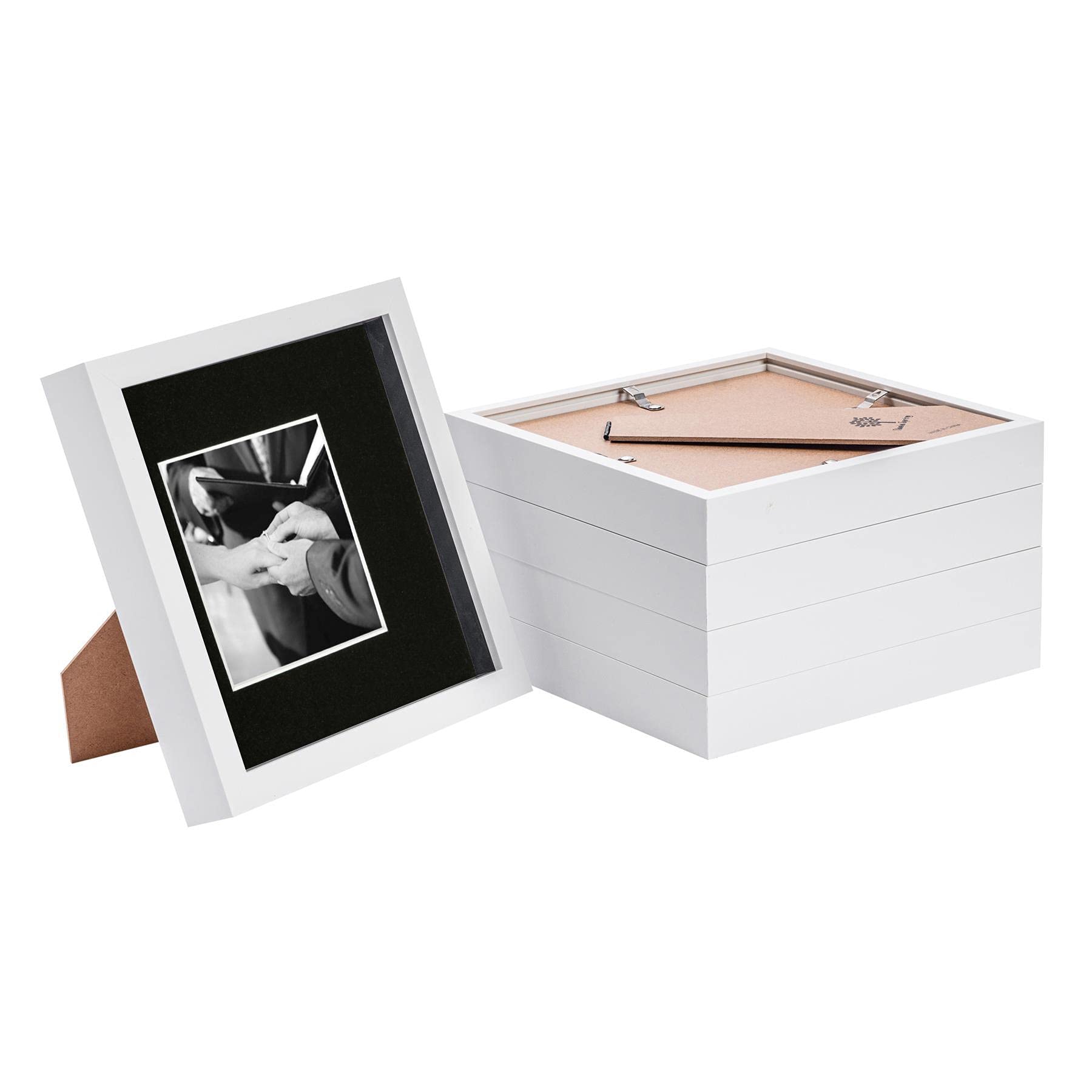 Nicola Spring 5 Piece 8 x 8 3D Shadow Box Photo Frame Set - Craft Display Picture Frame with 4 x 4 Mount - Glass Aperture - White/Black