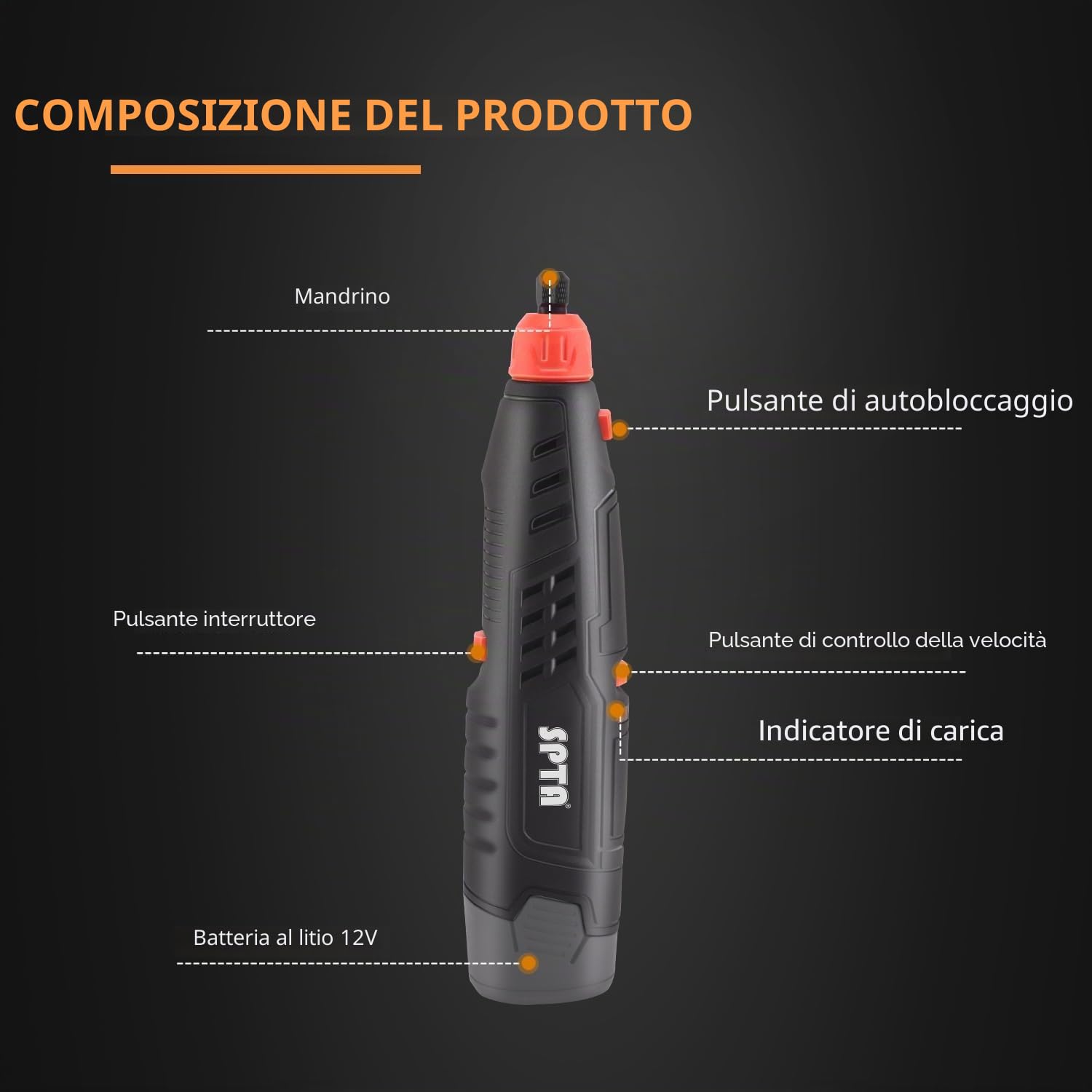SPTA - Kit di utensili rotanti senza fili, 12 V, mini utensile rotante con kit di 40 accessori, utensili rotanti elettrici per lucidatura, taglio, levigatura, foratura e incisione