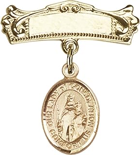 14kt Yellow Gold Baby Badge with Our Lady of Consolation Charm and Arched Polished Badge Pin 7/8 X 3/4 inches