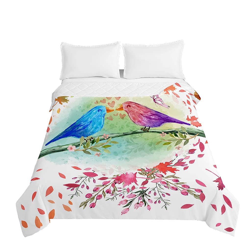 Surwin Couvre Lit Matelassé pour 1 ou 2 Personnes, Dessus de Lit Imprimé Oiseau Floral Printanier 3D Couverture de lit en Microfiber Doux Jeté de Lit Printemps Été (Rose,230x280cm
