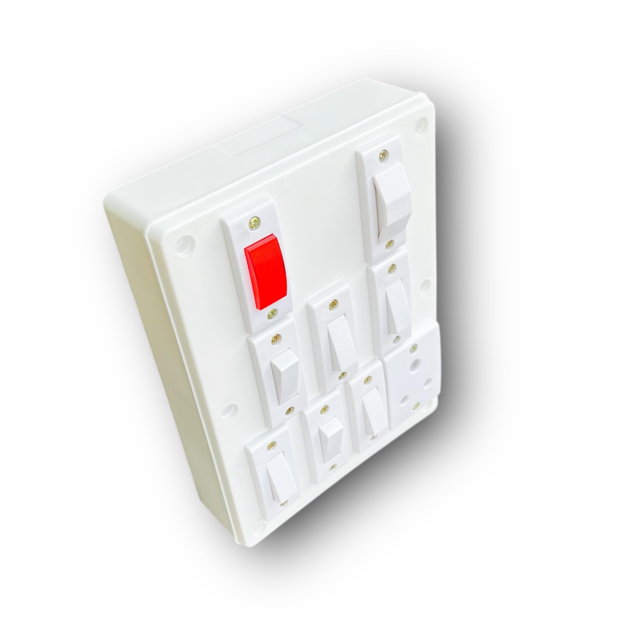 electric switch board with 6 switches, 1 indicator light, 1 fuse, and 1 socket, white