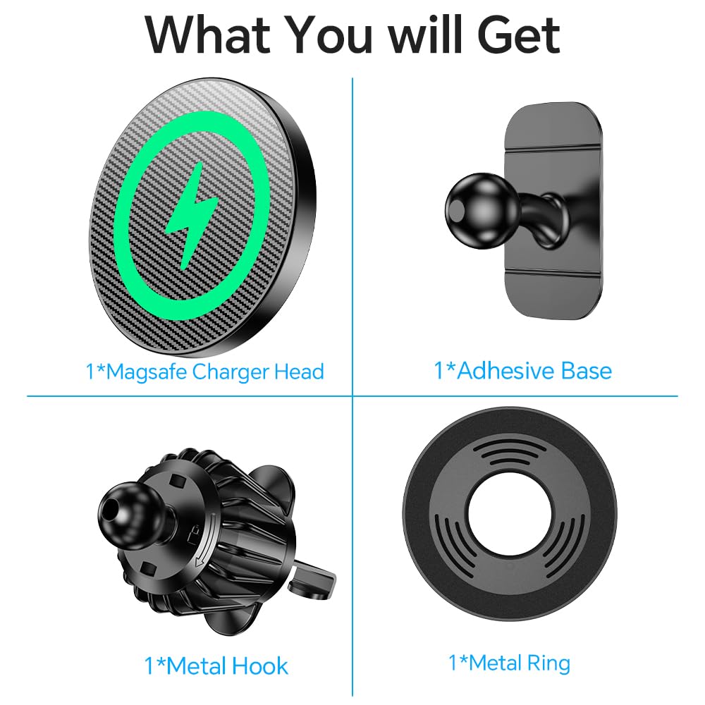 Coolpow Cargador de coche Magsafe 100% estable: cargador de coche Magsafe de 15 W, soportes magnéticos para tu coche, accesorios para mujeres, hombres, soporte de teléfono de coche, cargador