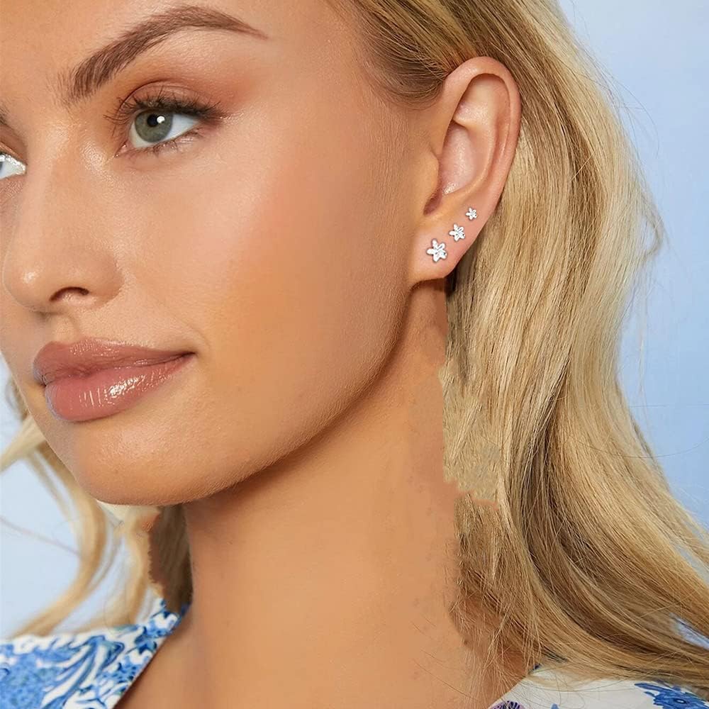 Dtja 3 Pairs Tiny Flower Stud Earrings Sterling Silver Set for Women Girls Cute Cartilage 20g Studs Tragus Post Pin Hypoallergenic Piercing Body Jewelry Christmas Valentine's Birthday Gifts
