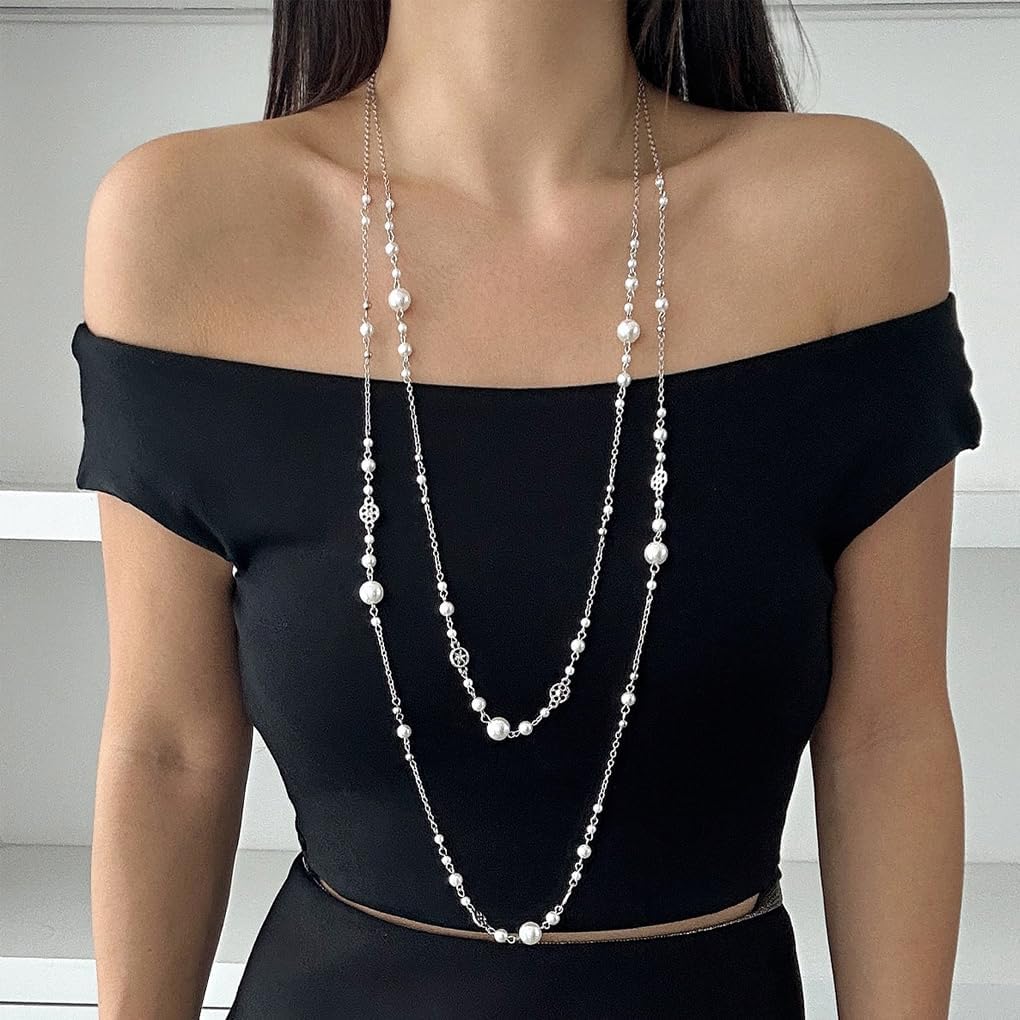 Long Pearl Chain Pendant Necklaces for Women Layered Gold Pearls Statement Collar Necklaces Dainty Beaded Sweater Drop Necklace Jewelry Accessories - Image 2