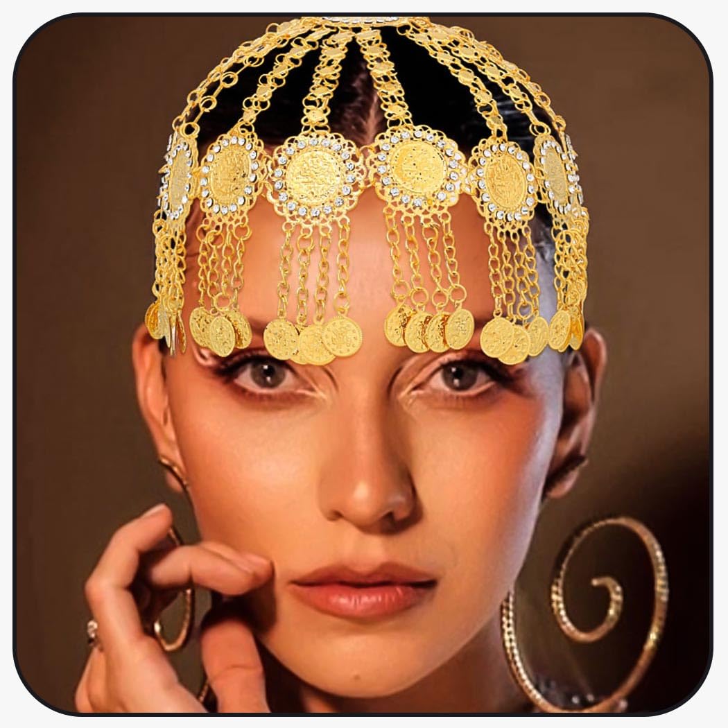 WoeoeSequin Forehead Headband Gold Coin Hair Band Belly Dance Coin Flapper  Headpiece Cap Egyptian Costume Festival Head Chain Hair Accessories