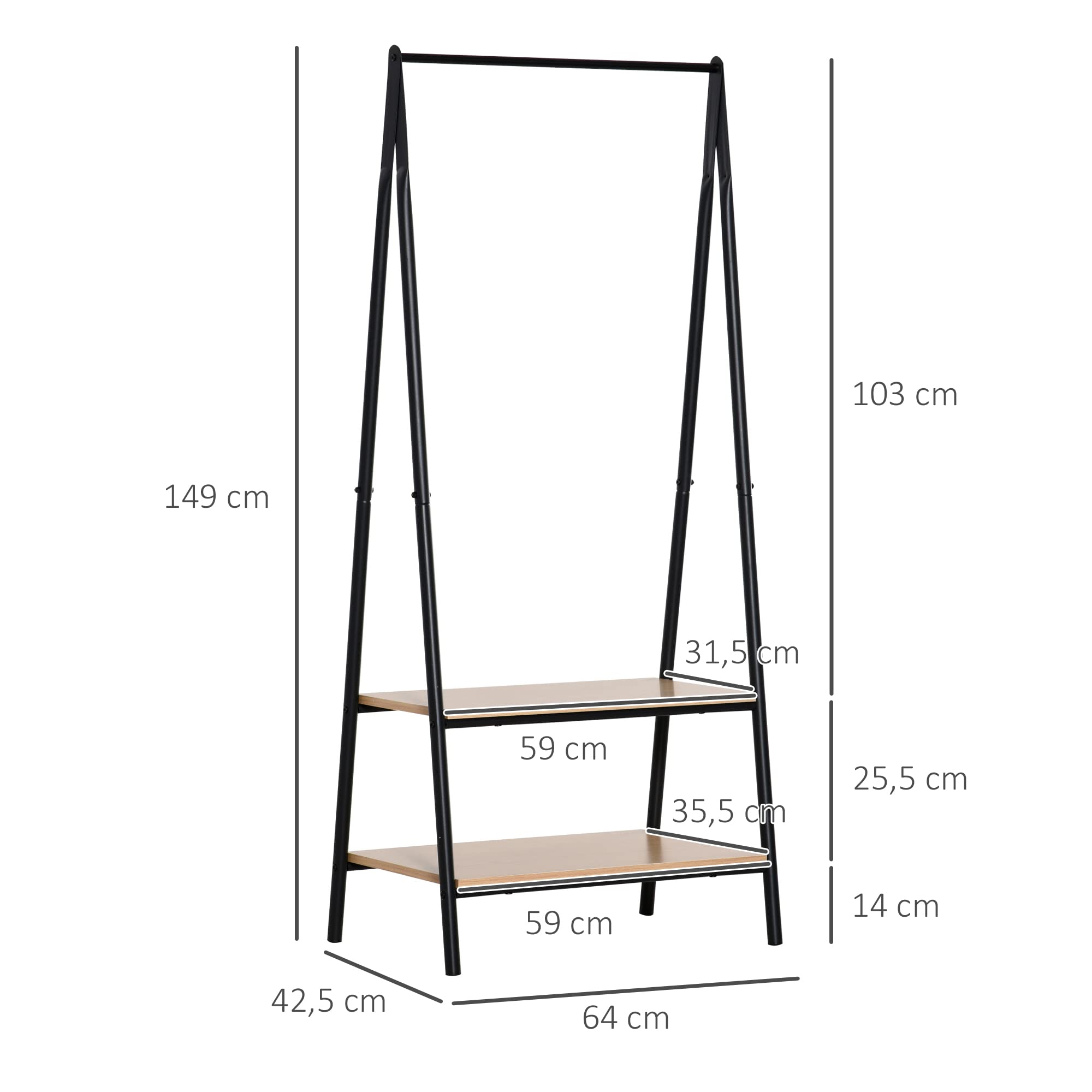 HOMCOM Perchero de Ropa Burro de Pie 2 Estantes 64x42,5x149 cm Negro