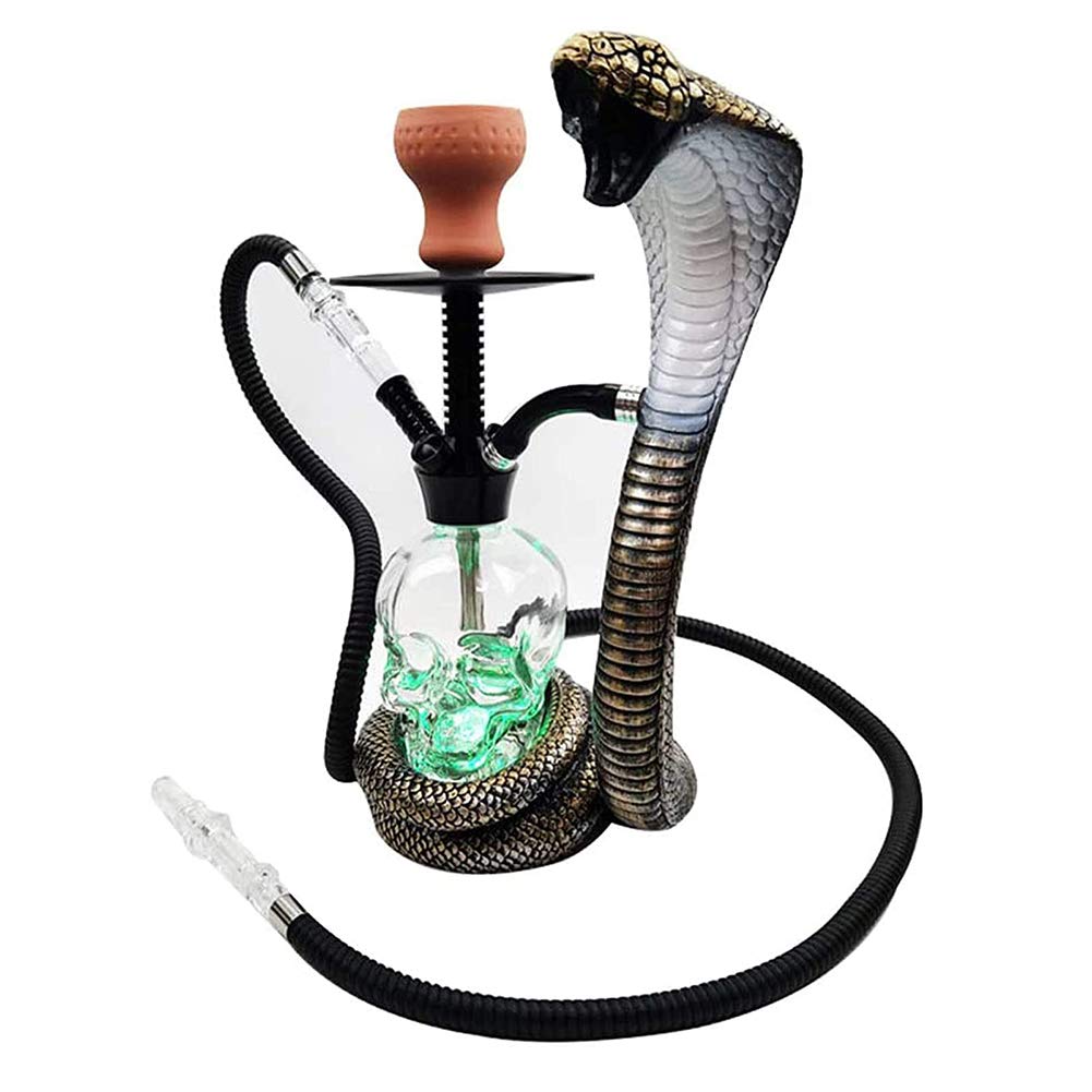 Juego completo de cachimba LED Shisha Kit completo de cuenco de arcilla de un solo tubo Kit en forma de cobra Gran humo Vidrio en forma de calavera con cuenco y tarro de silicona para narguile