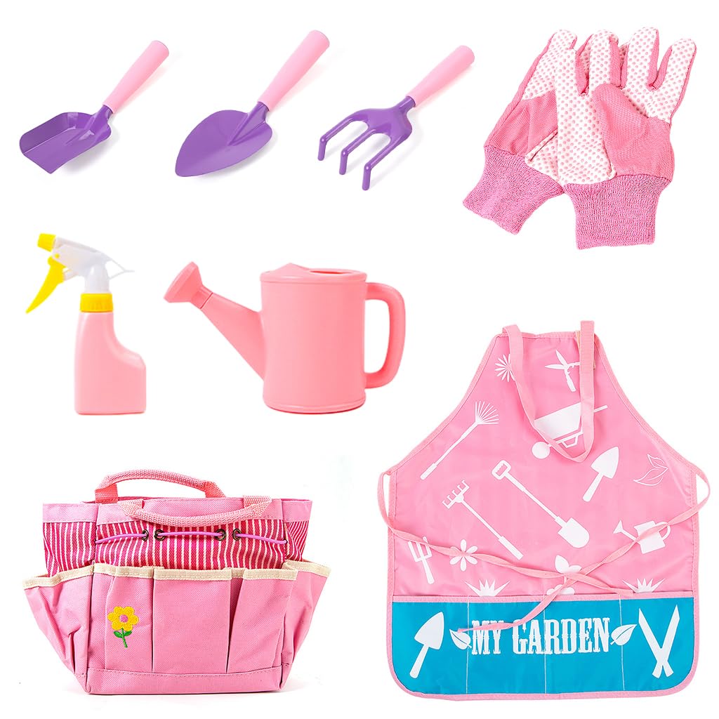 ORTIZA® 8PCS Kids Gardening Tool Set, Toddler Garden Play Kit with Shovel, Trowel, Rake, Watering Can, Spray Bottle, Gloves, Apron & Tote Bag for Outdoor Learning & Play-picture-22