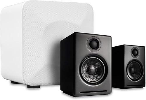 Audioengine Altavoces de PC negros A2 para escritorio y subwoofer blanco S6