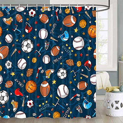 JAWO Kids Sports Shower Curtain, Blue, 72x72, with Hooks
