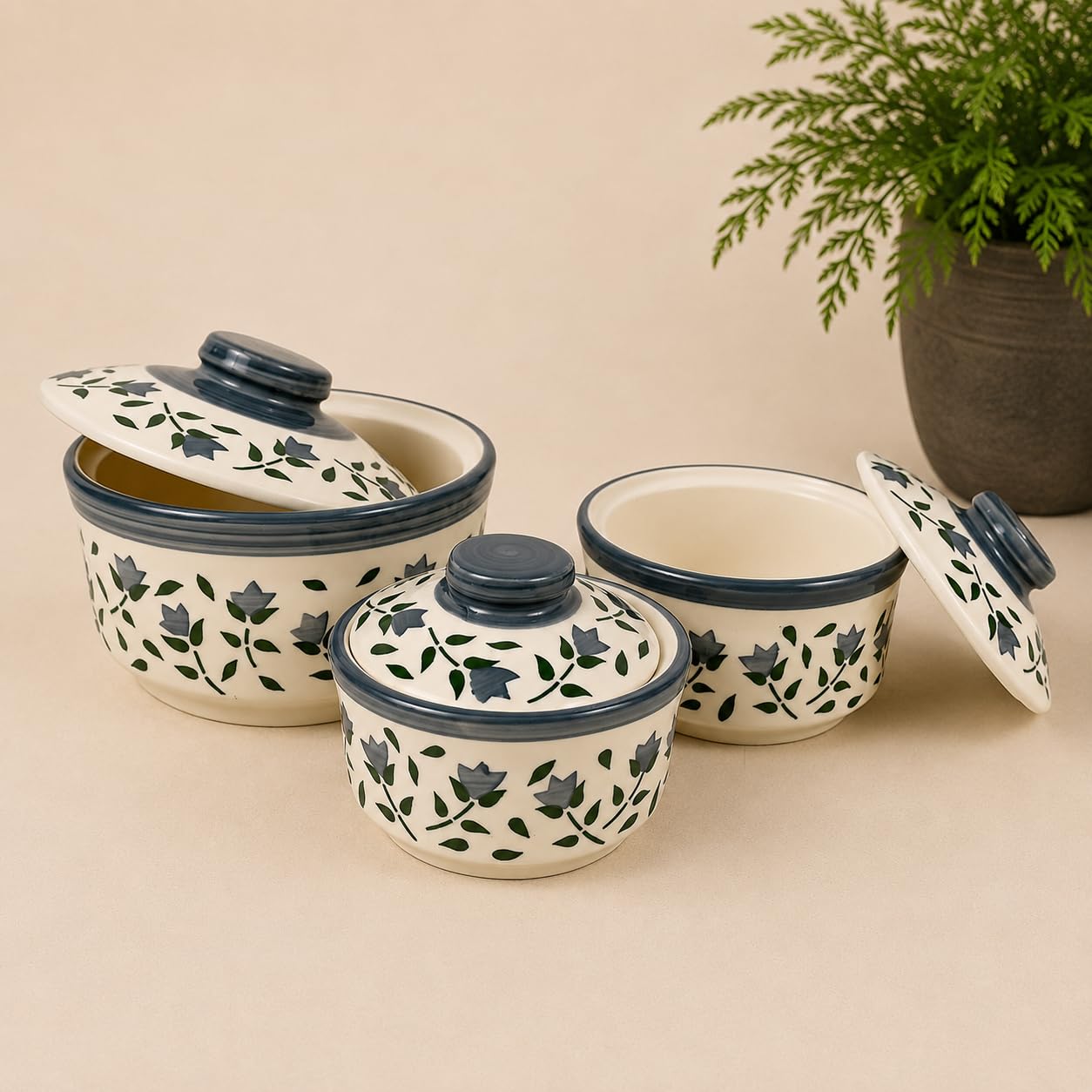 Buy Maya Handmade Ceramic Donga Set of 3 with Lids | Serving Bowls