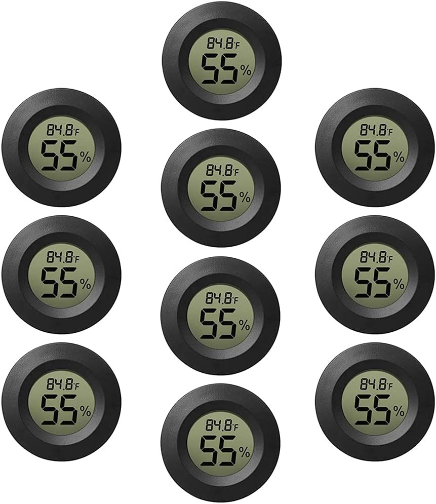 Paquete de 10 mini termómetro higrómetro, pequeño medidor electrónico digital de temperatura y humedad, pantalla LCD interior para invernadero, jardín, bodega, nevera, tarro de cristal